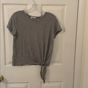 black and white striped top with tie on left side